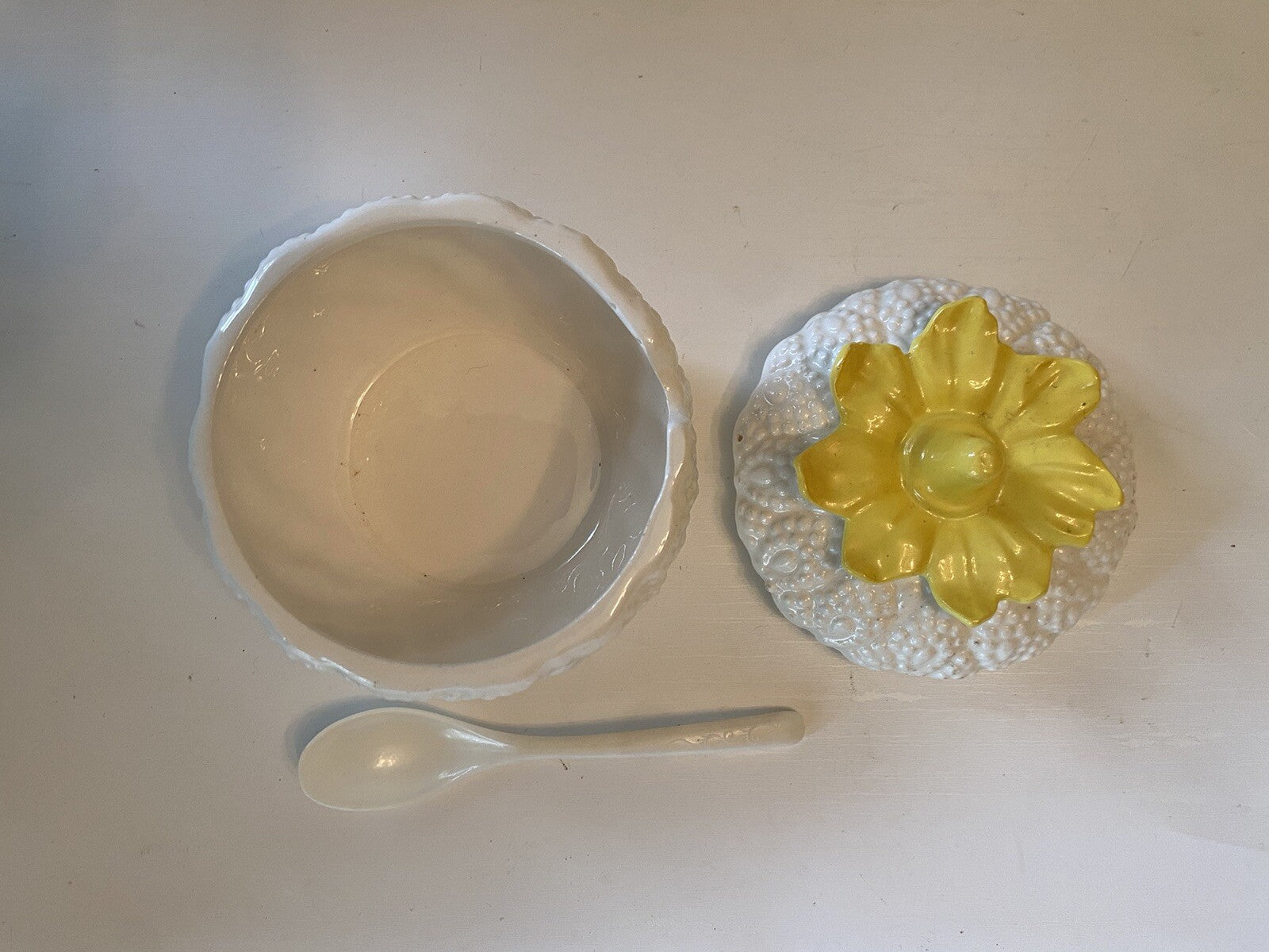 Vintage White & Yellow Jam Jar w/Spoon
