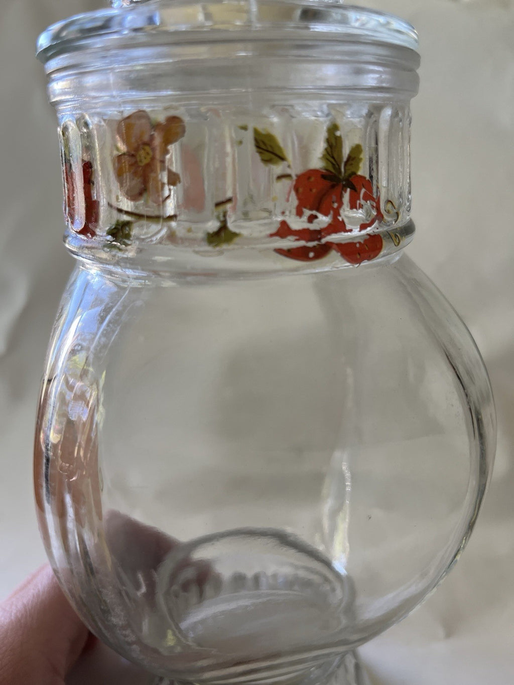 Vintage MCM 8” Tall Glass Jar With Strawberry Details And Lid