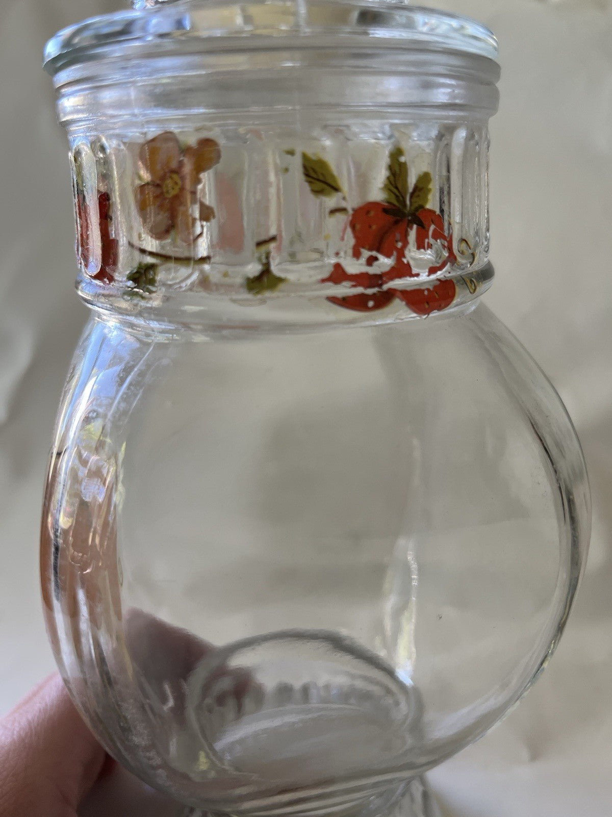 Vintage MCM 8” Tall Glass Jar With Strawberry Details And Lid