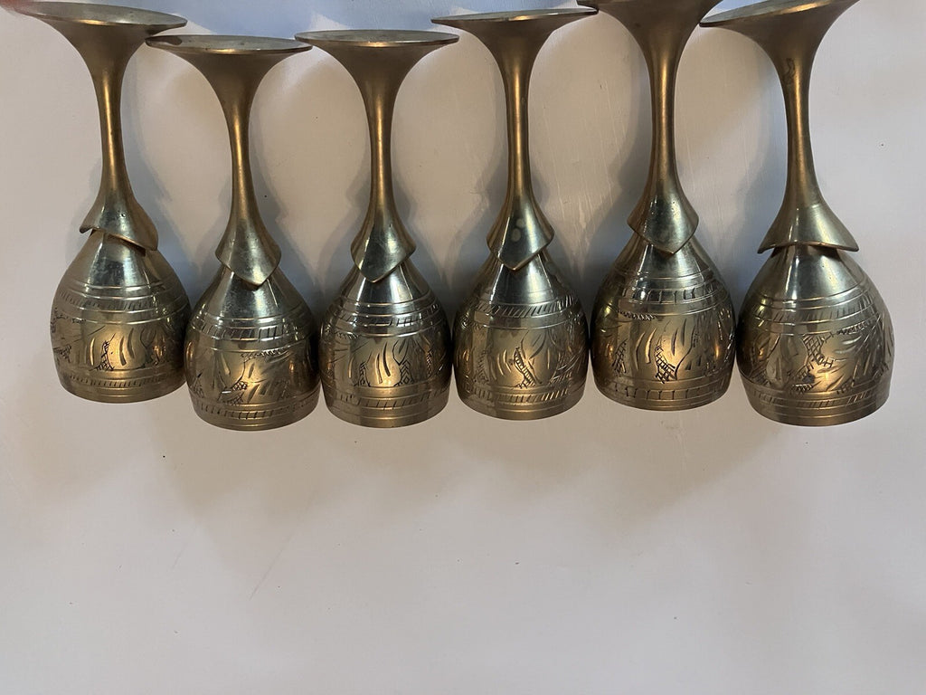 Vintage S/4 Solid Brass Goblets Tulip Stem, Etched Design