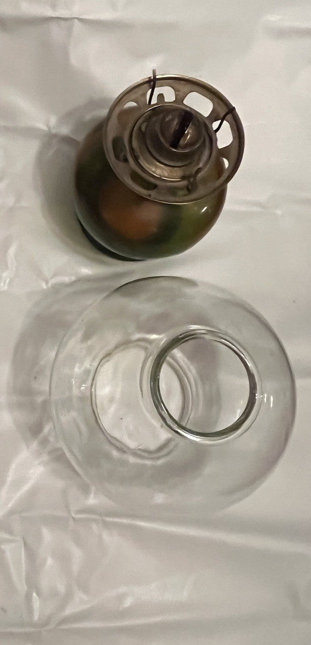 Vintage Amber-Green Glass Hurricane Kerosene Lamp  With Original Glass Globe