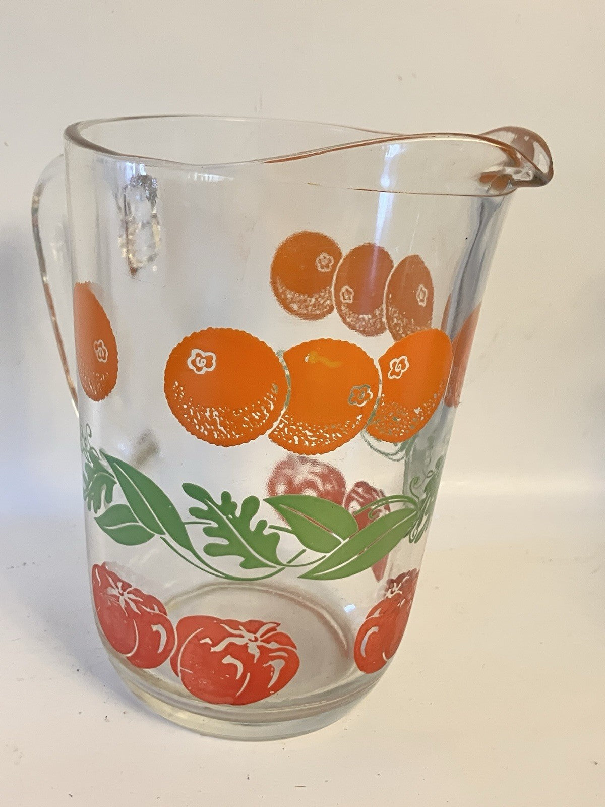 Vintage MCM Glass Juice Pitcher Fruit—Orange And Tomato From 1940-50’s. EVC.