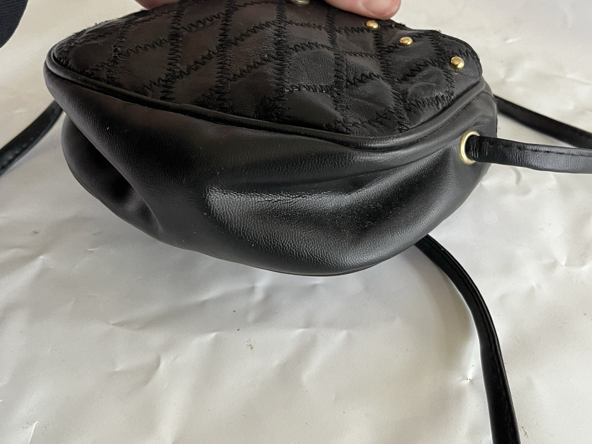 Vintage Black Leather Cross Body Purse With Gold Tone Studs
