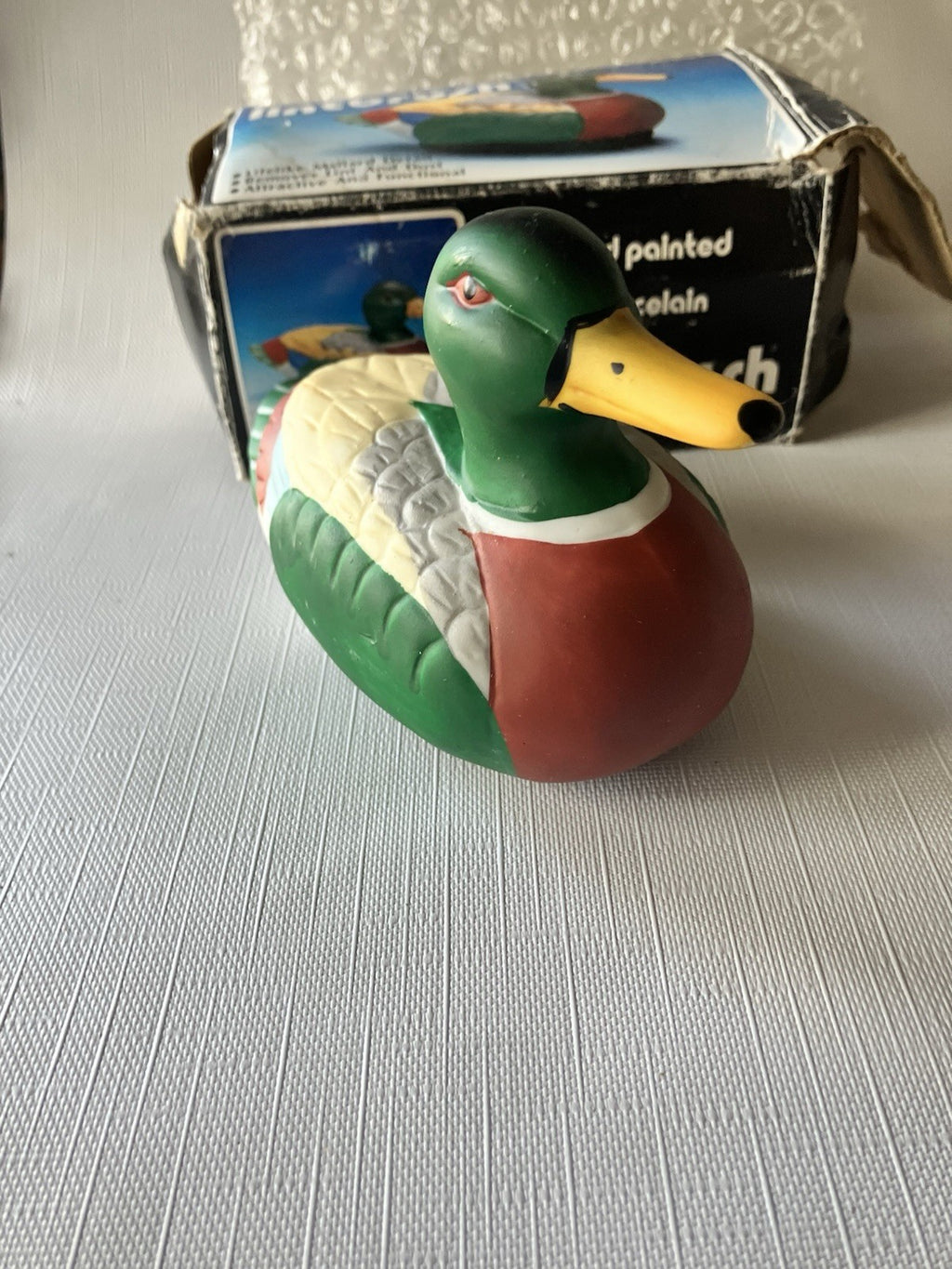 Vtg. Handpainted Porcelain Lifelike Detail Duck Mallard Lint Brush; Original Box