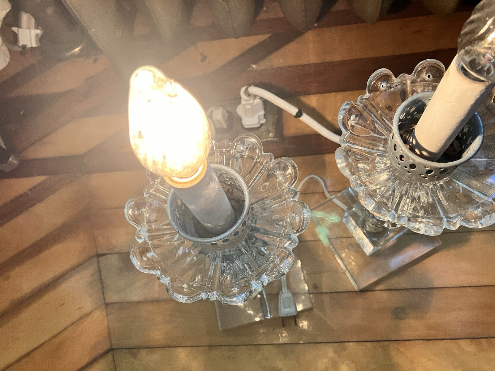 Vintage Pair Clear Luster Table Side Lamps; Working