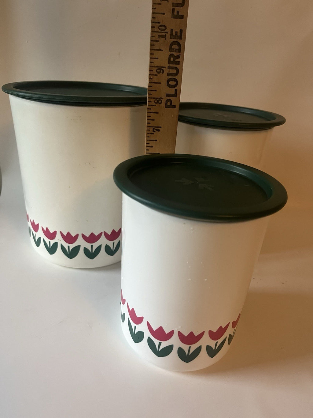 Vtg. One Touch White Tulip Tupperware Canisters with Green Lids; A-C; B/D sets
