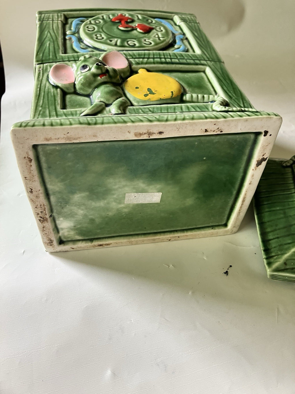 Vintage MCM Green Glazes Ceramic Hickory Dickory Cookie Jar  Made In Japan