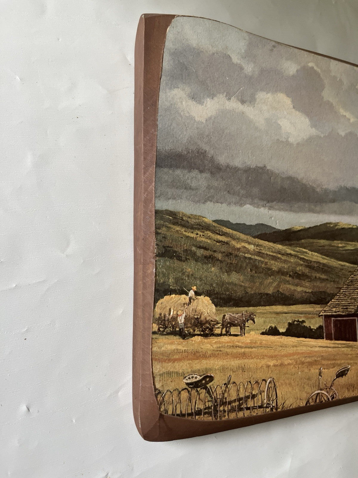 Vintage 1960/70s Wooden 9x13” Plaque Of Ethan Sloane Painting Farmland, Amish
