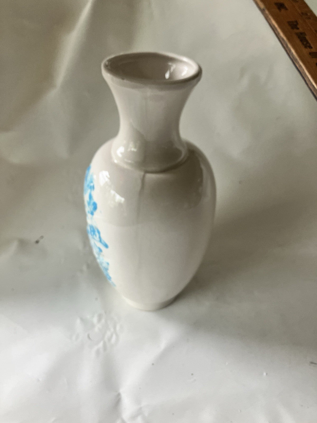 Vintage FTD 8” Tall Ceramic White Vase W/ Blue Washed Japanese Mountain Embossed