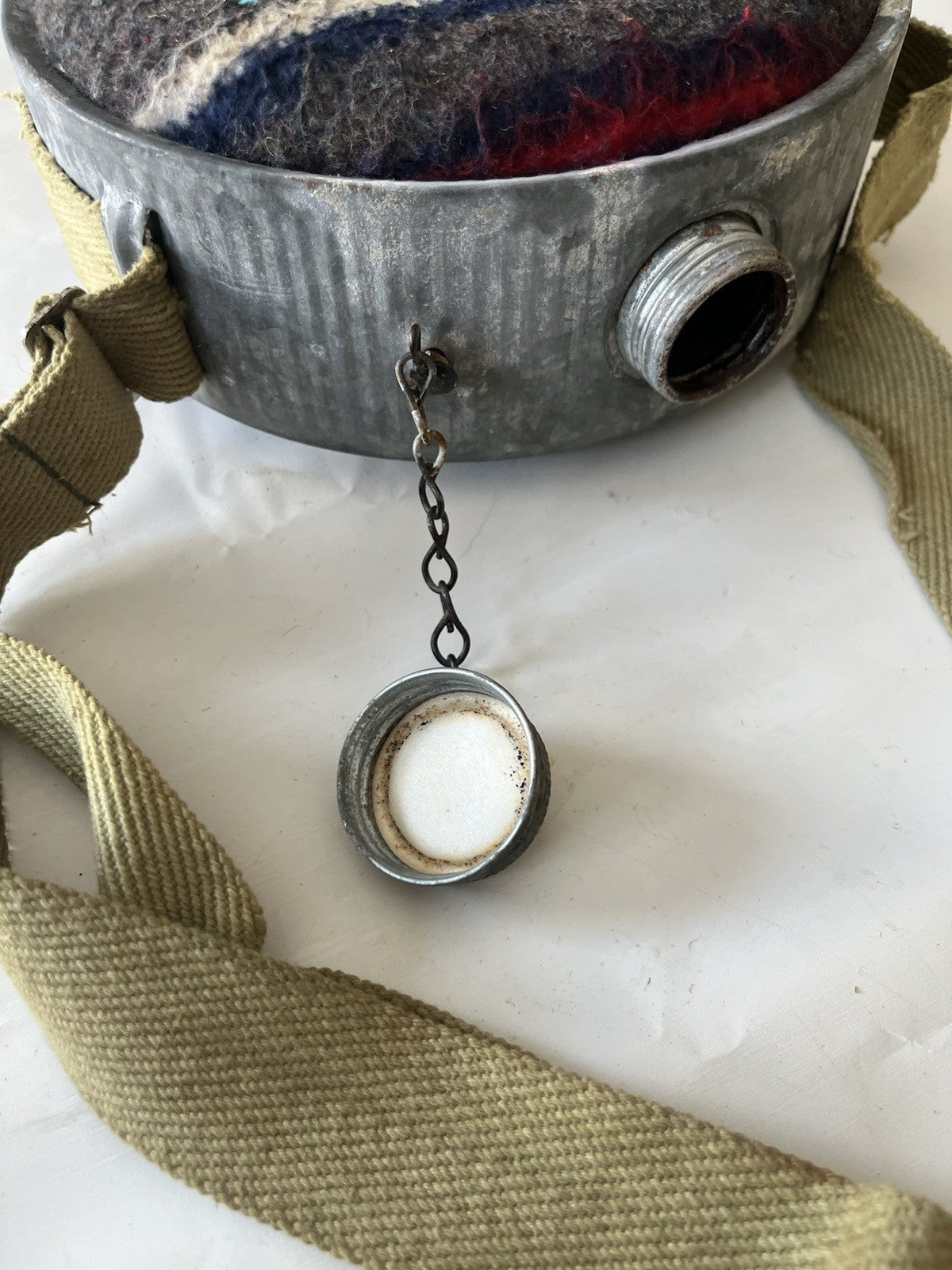 Vintage Wool & Galvanized Metal Canteen With Strap; See Photos!