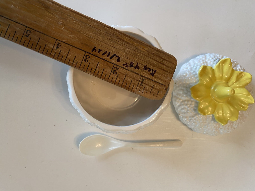 Vintage White & Yellow Jam Jar w/Spoon