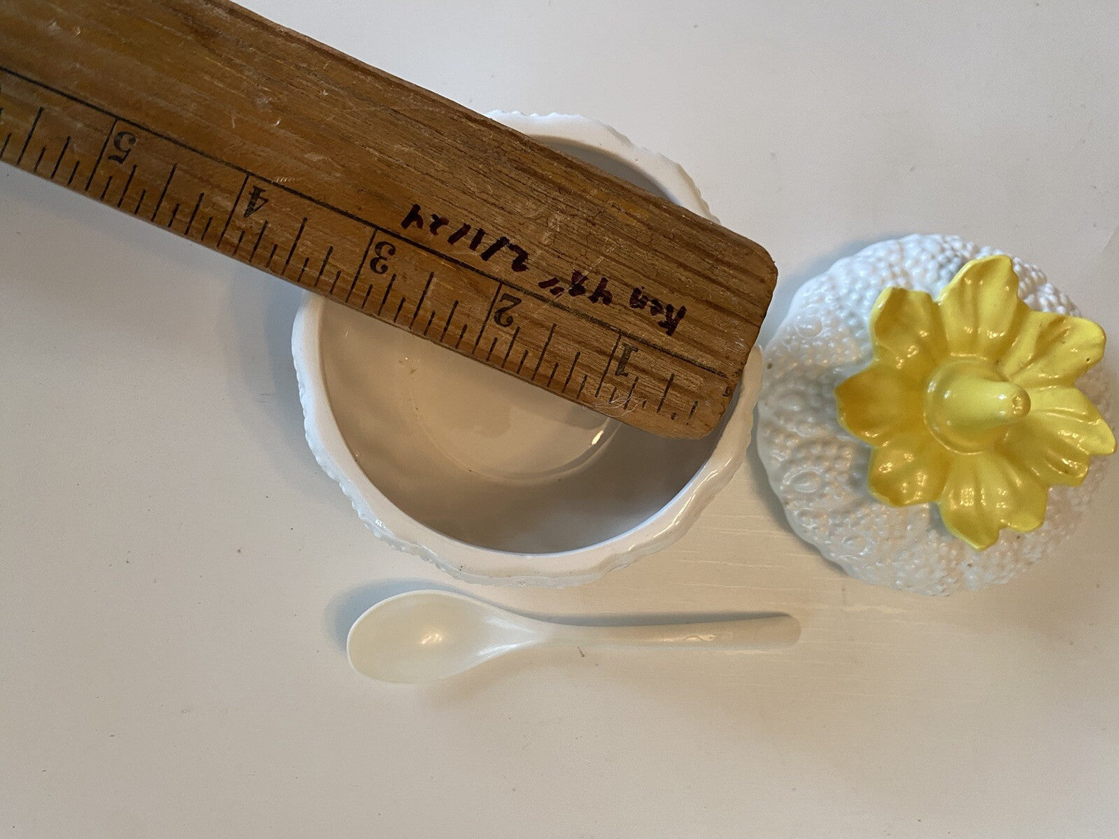 Vintage White & Yellow Jam Jar w/Spoon