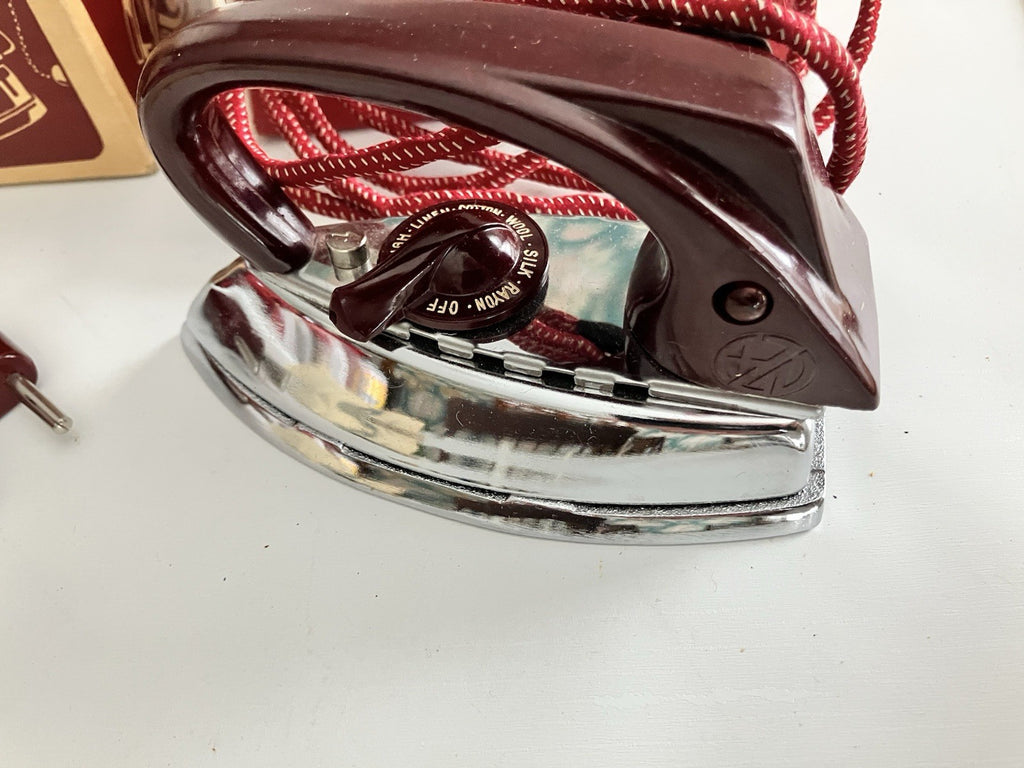 1950s German Zoeller Maroon Travel Iron W/ Original Box, Paper EVC, Never Used