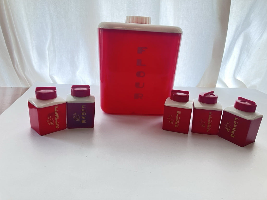 Vintage Red Lusterware Flour And Dupal Plastics Inc. Spices Lot 1950/Art Deco