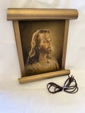 1941 MCM Lighted Litho Print of JESUS On Gold Tone Manuscript Wall Hanging