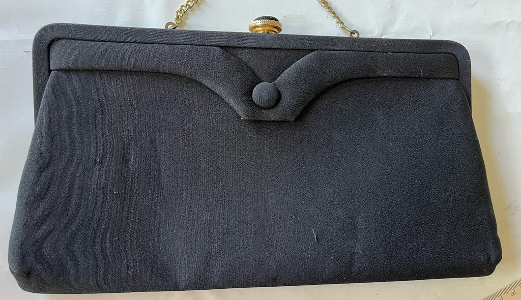 VTG Black Cloth Evening Bag/Clutch Gold Chain Strap Kiss Lock Closure MCM 1960s
