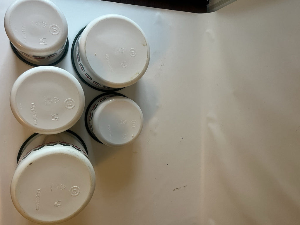 Vtg. One Touch White Tulip Tupperware Canisters with Green Lids; A-C; B/D sets
