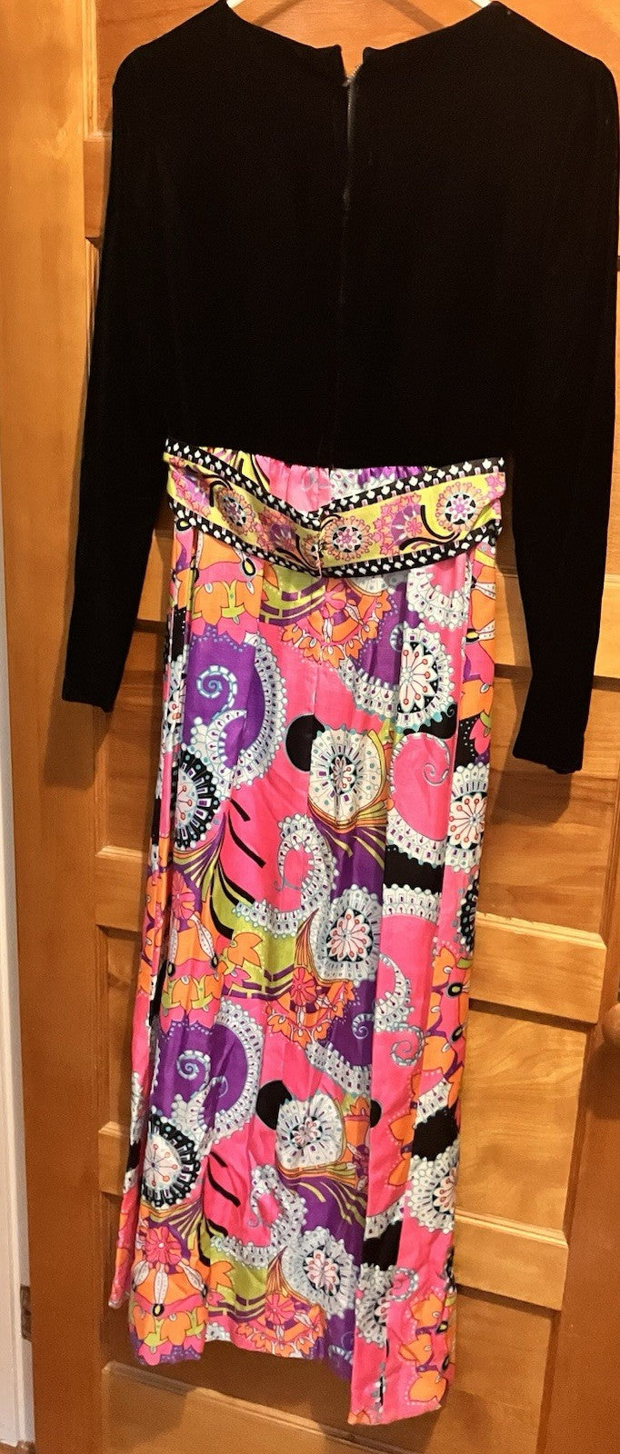 Vintage 1960 Black Velvet Long sleeve Dress W/ Psychedelic Pattern-