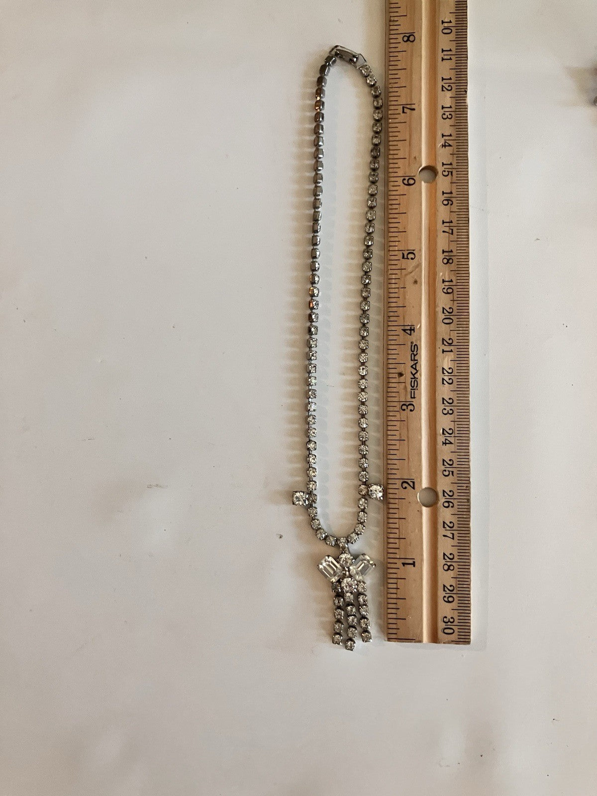 Vintage Necklace/Screw Back Earring; Silver-tone Emerald Cut Clear Rhinestone