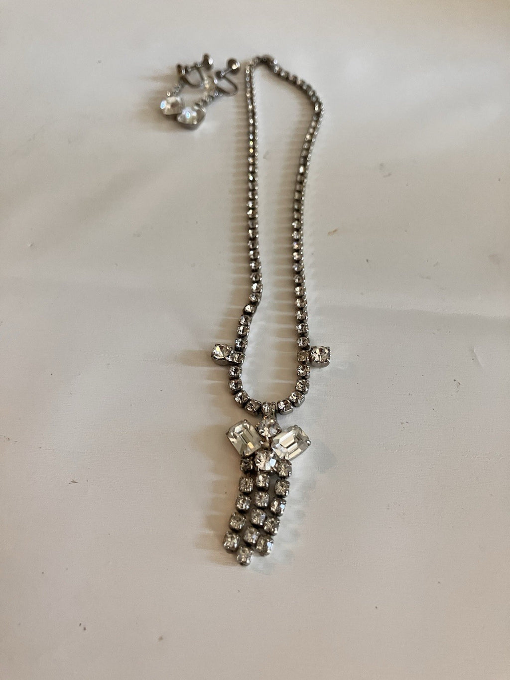 Vintage Necklace/Screw Back Earring; Silver-tone Emerald Cut Clear Rhinestone