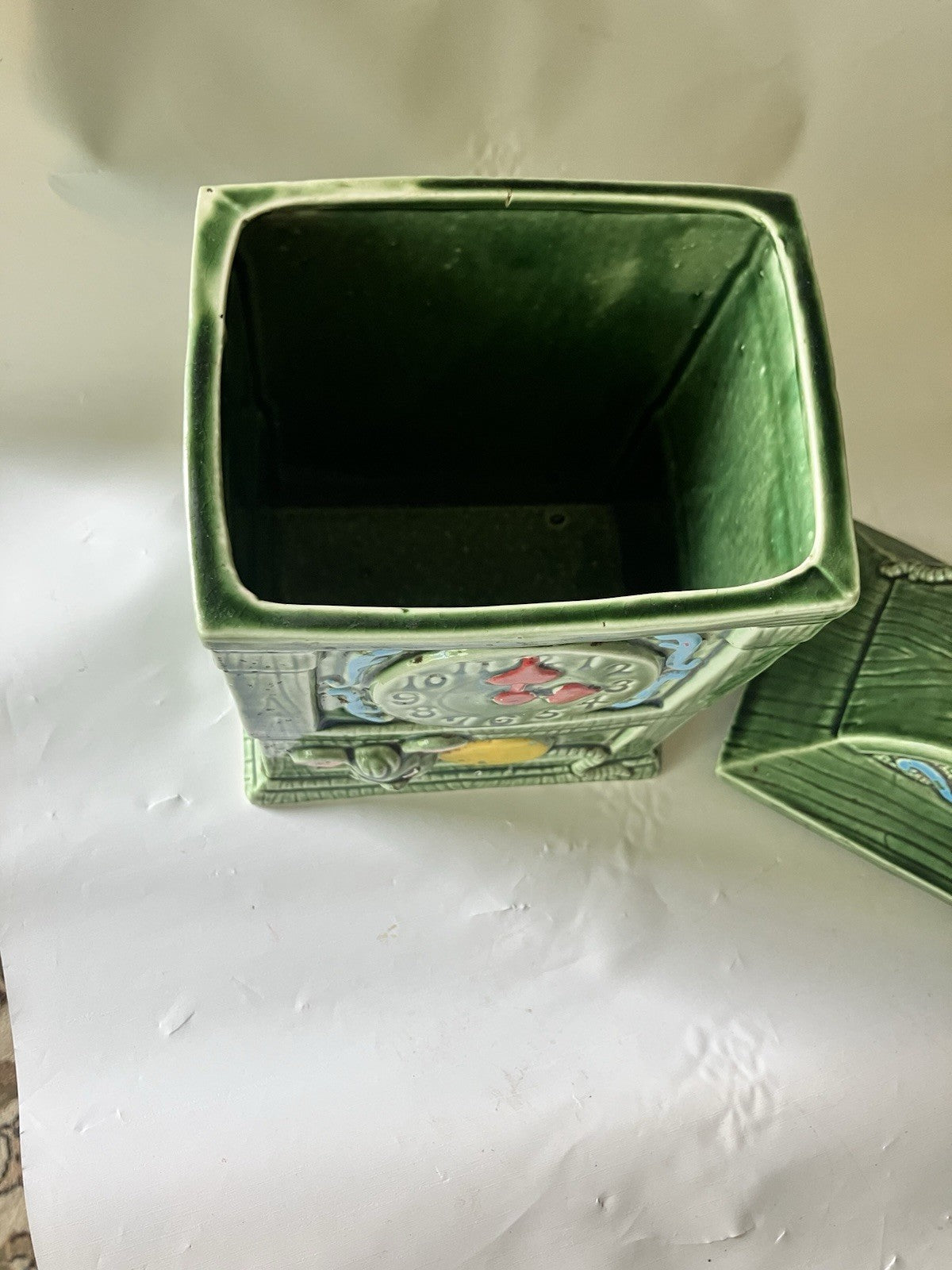 Vintage MCM Green Glazes Ceramic Hickory Dickory Cookie Jar  Made In Japan