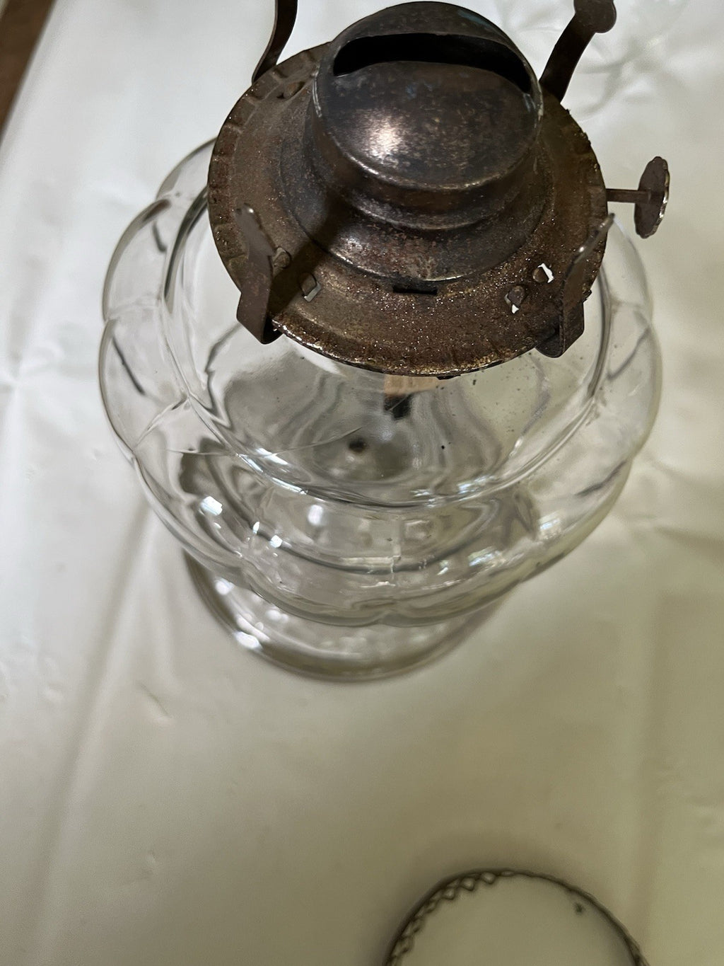 Antique 16” Clear Glass Kerosene Oil Lamp Complete W/ Flute, Metal Skirt, Base