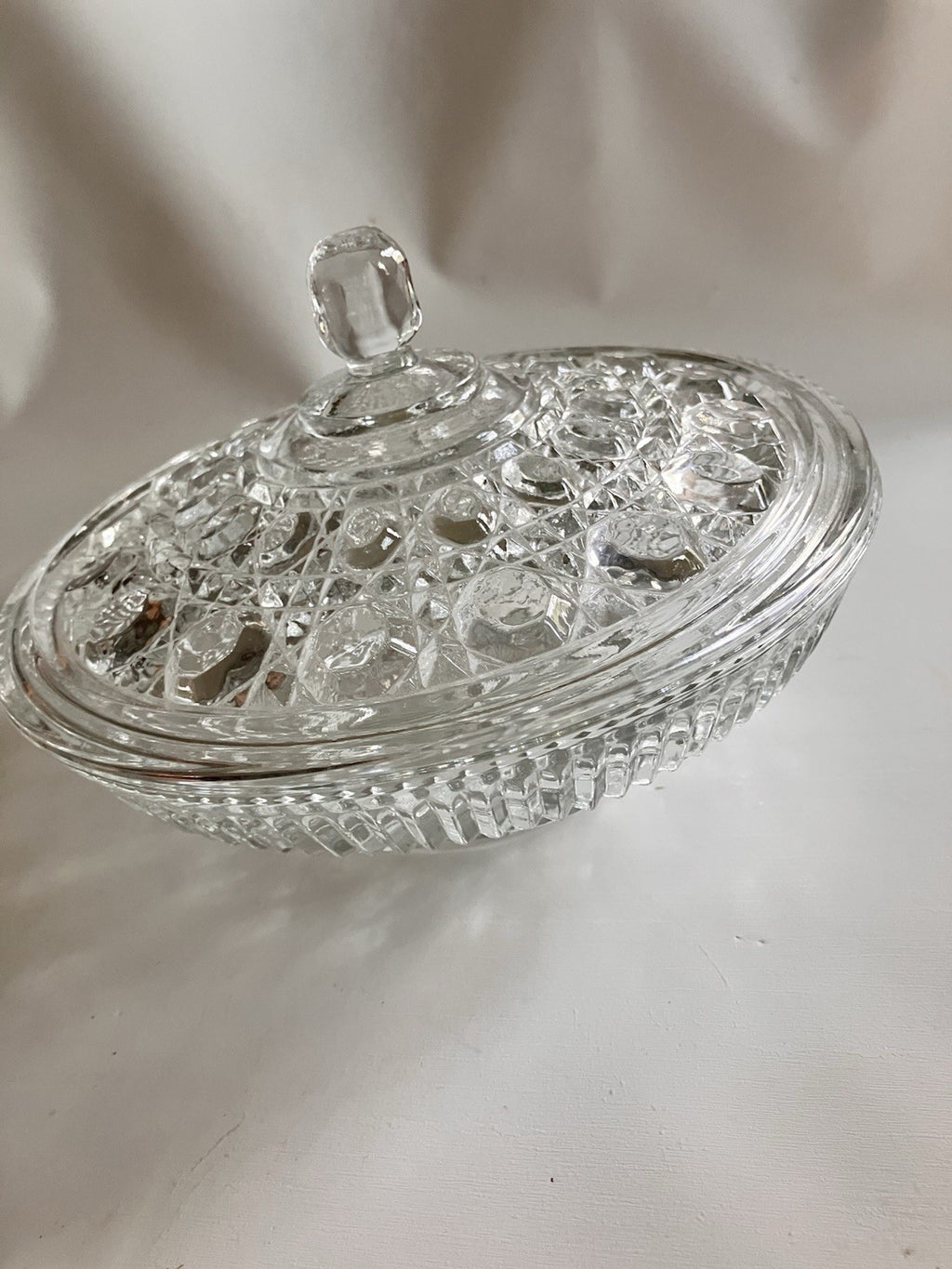 Vintage Clear Indiana Glass Diamond Cane And Button Candy Dish