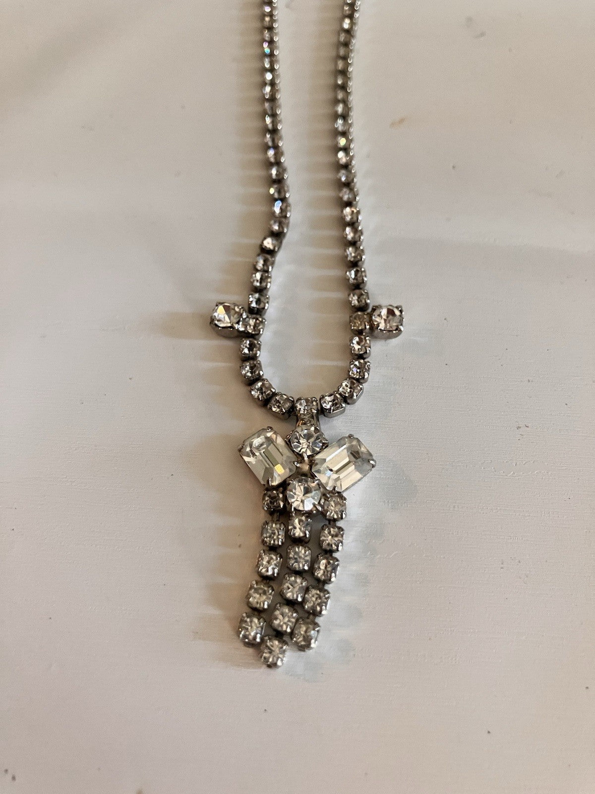 Vintage Necklace/Screw Back Earring; Silver-tone Emerald Cut Clear Rhinestone