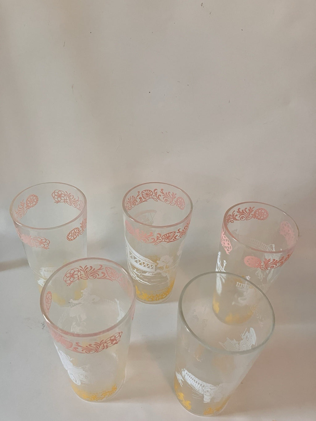 Vintage/MCM  Hazel Atlas Americana Glasses White, Pink And Yellow, Set Of 5