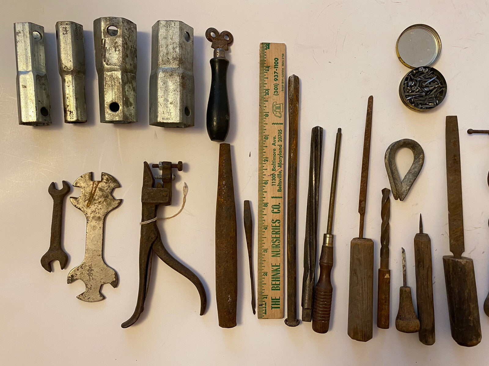 Lot of Vintage Tools Hand Made Handles/File/Knife Sharpener/Drill Bit/Wrench