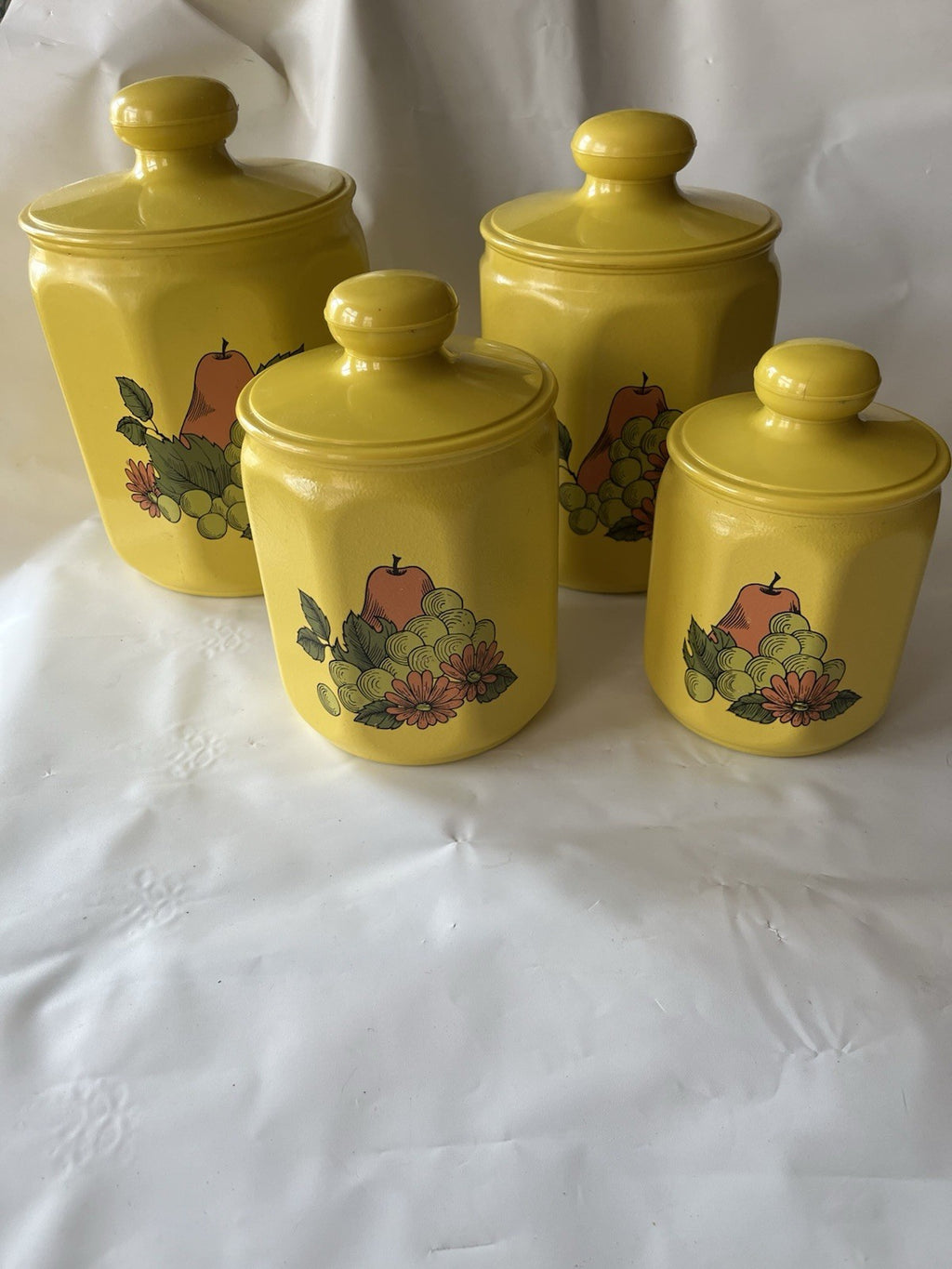 Vintage Kromex Faceted Aluminum 4 Canister Set Yellow Fruit Floral Plastic Lids