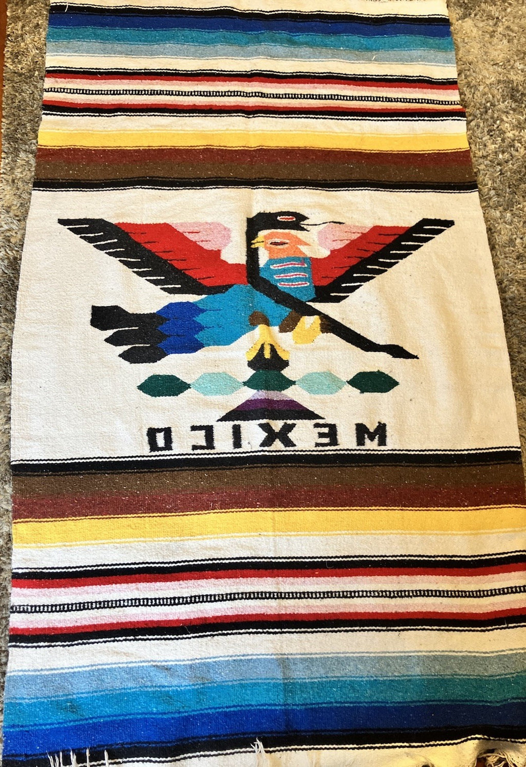 Vintage Hand Woven Mexico Blanket Throw With Eagle And Snake EVC