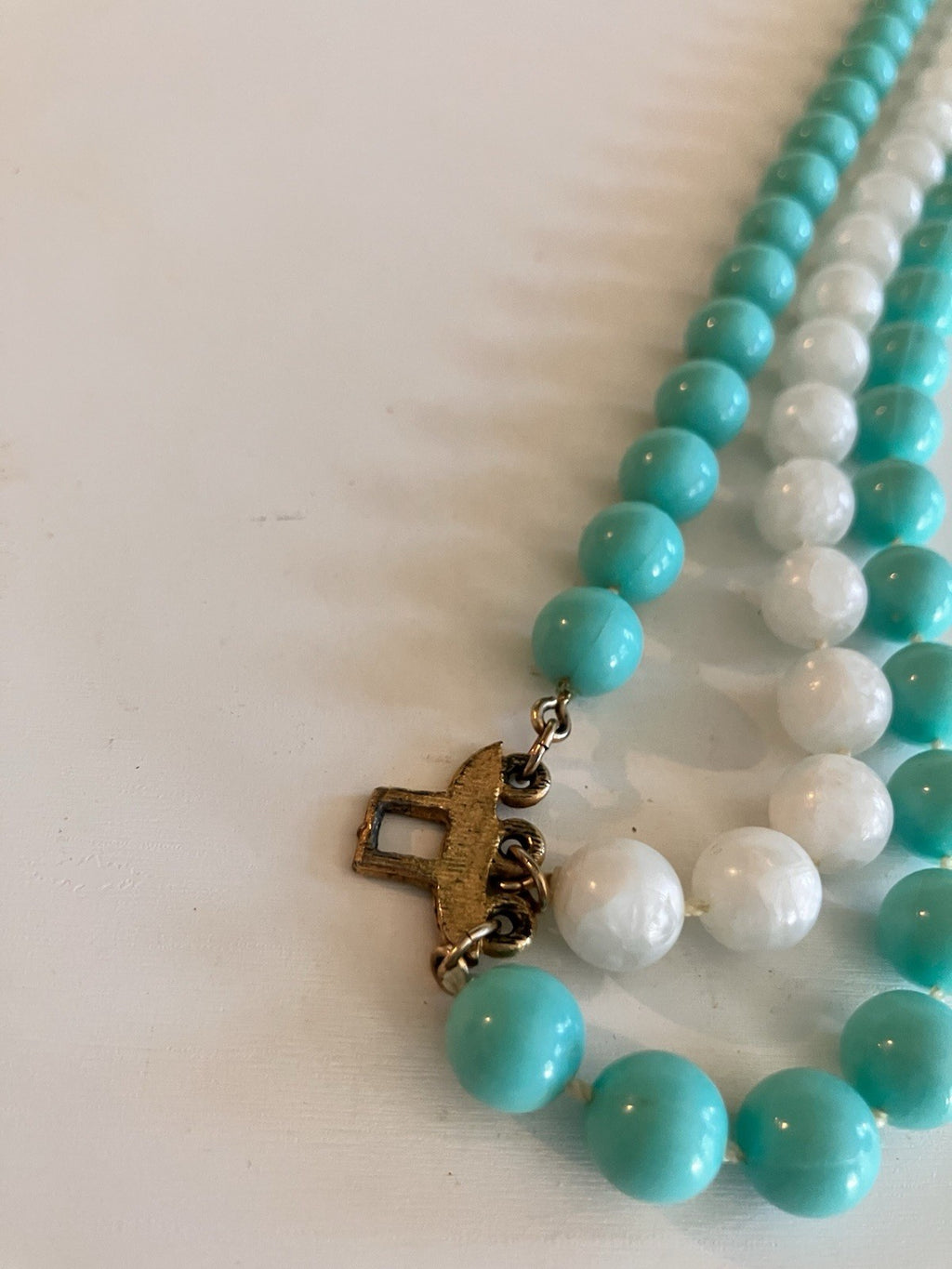 Vintage Blue & White Triple Stranded Faux Pearl Necklace W/ Gold Tone Clasp