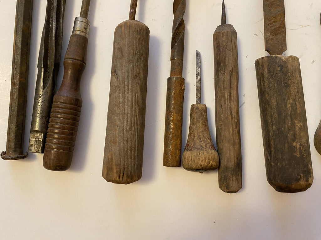 Lot of Vintage Tools Hand Made Handles/File/Knife Sharpener/Drill Bit/Wrench