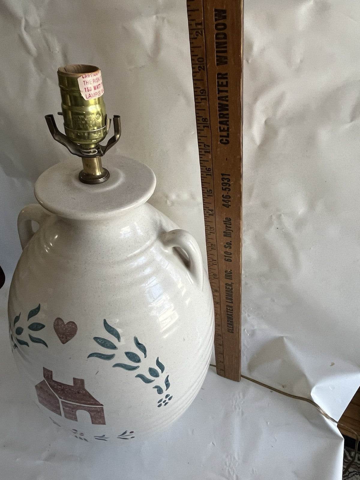 Primitive Large 21” Tall Table Lamp With Log Cabin Stencil Design