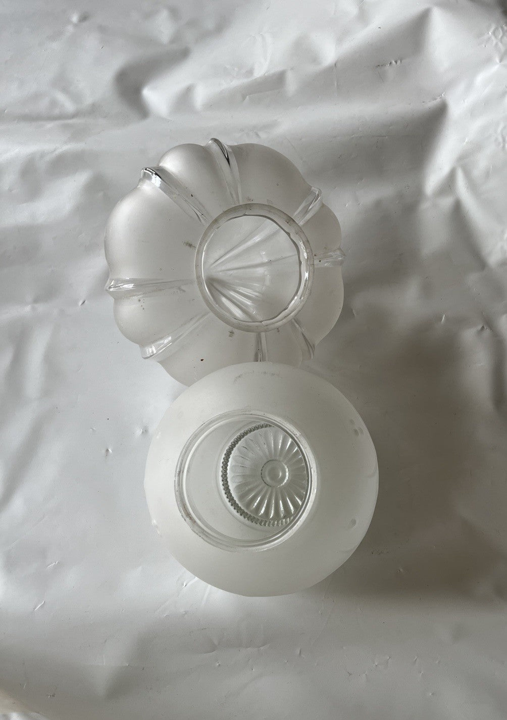 Two Vintage Heavy Glass Dome Ceiling Light Covers; Frosted And Decorative