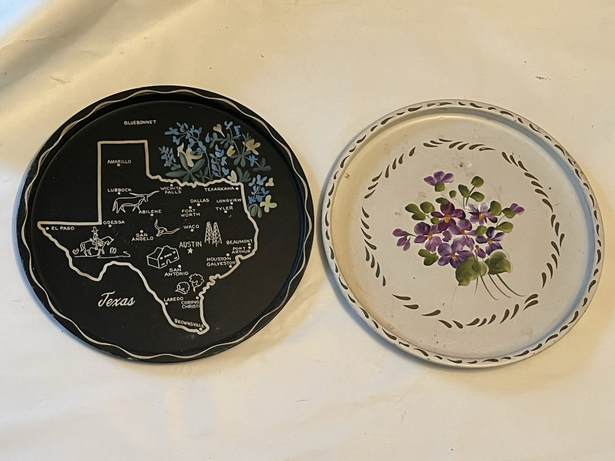 Vintage Nashco Handpainted Tole Tray Lot Of 2 10” Round, Floral And Texas