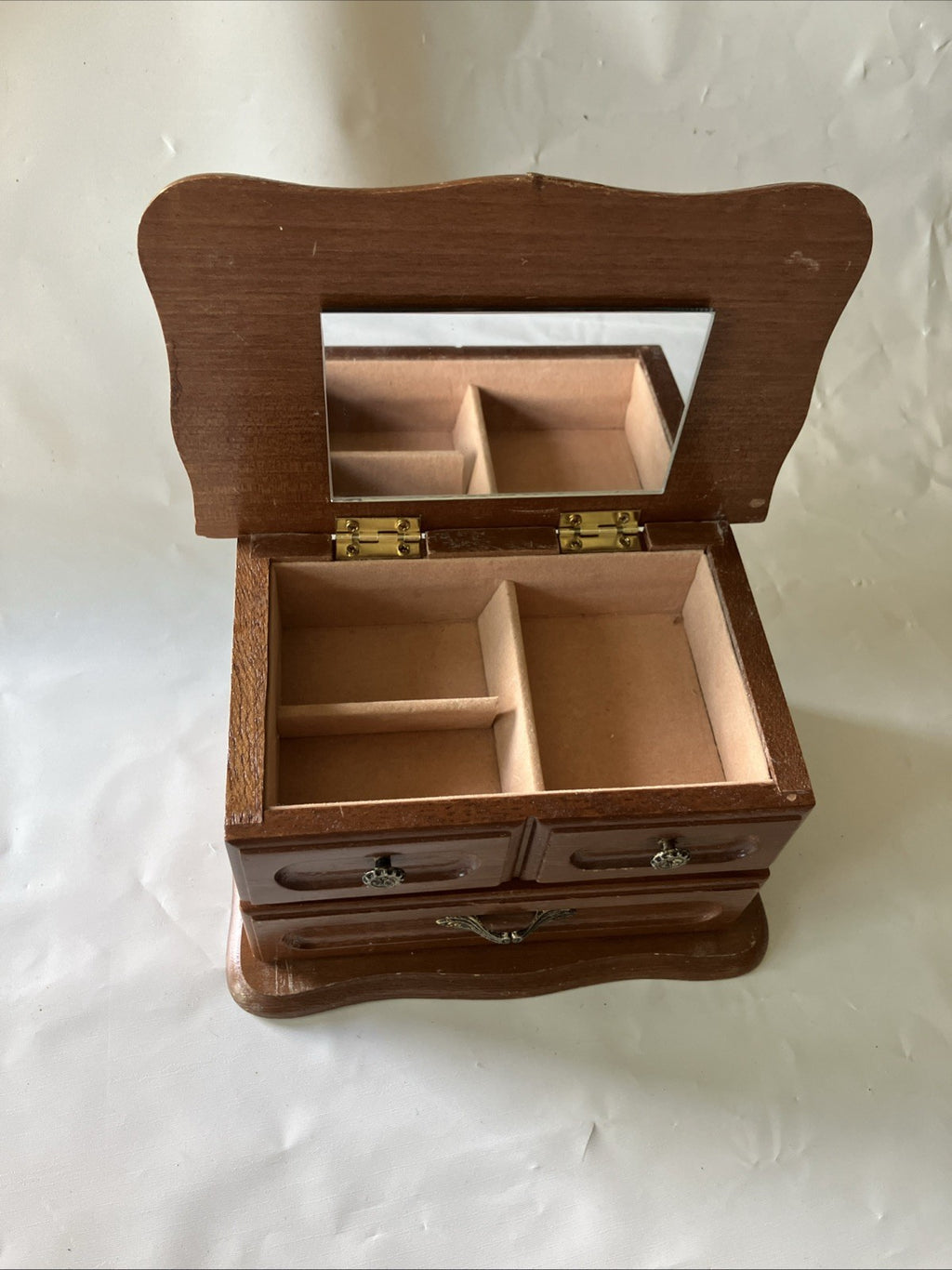 Vintage MCM Wooden Jelwery Box With Scalloped Edges, Velvet Int. Drawer, Mirror