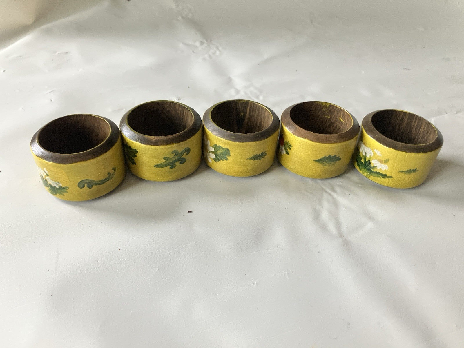 Vintage Wooden Hand Painted Yellow and Floral Napkin 5 Rings 