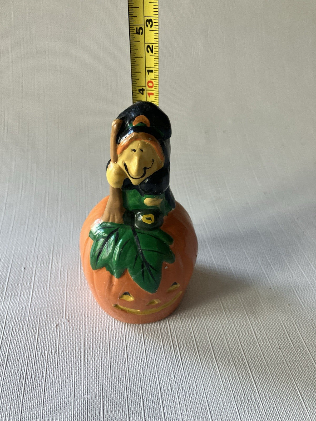 Vintage 4” Ceramic Witch On Pumpkin Bell Halloween Figurine