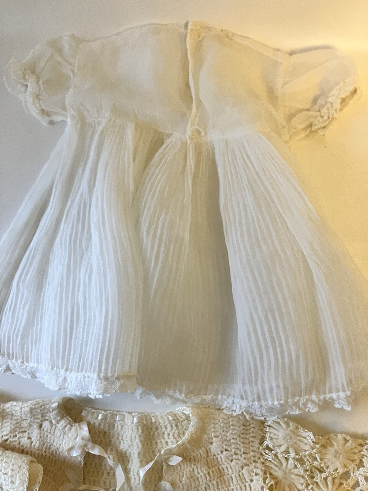 Vintage Newborn Baby Girl White Baptism Dress And Handmade Cardigan/Bonnet