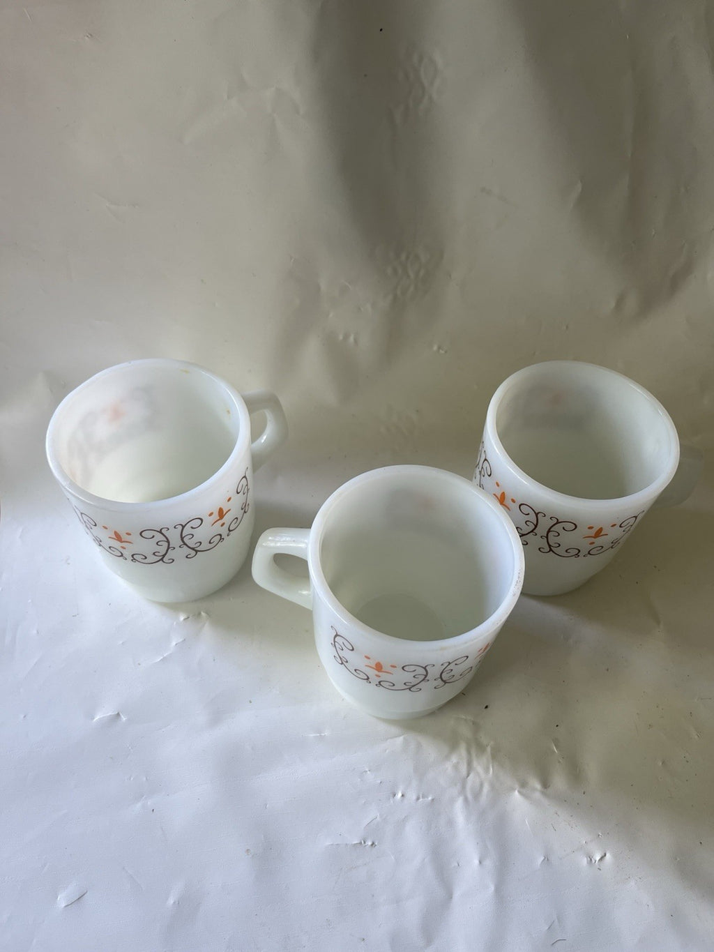 Vintage (3) Termocrisa Mexican Milk Glass Coffee Mug, D Handle, Filigree Design