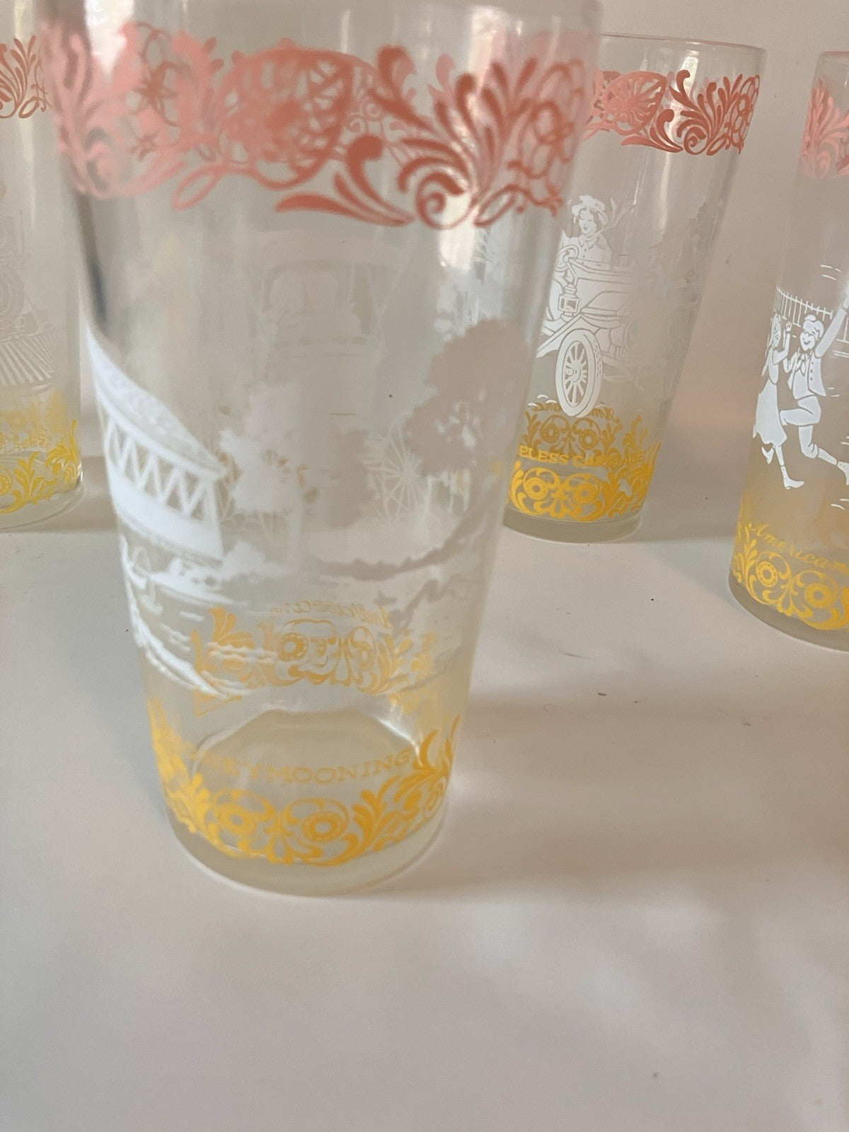Vintage/MCM  Hazel Atlas Americana Glasses White, Pink And Yellow, Set Of 5