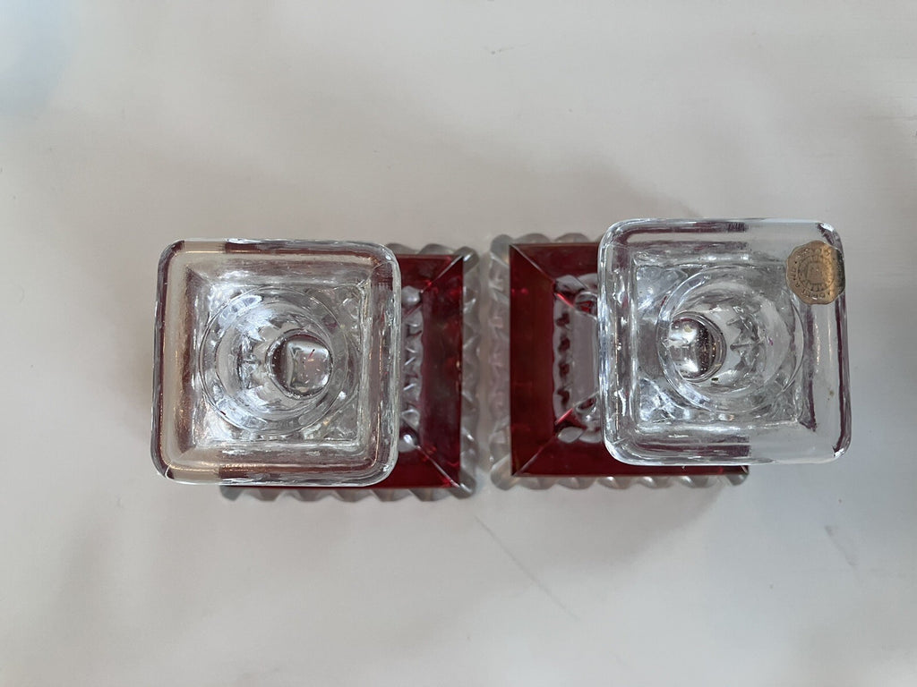 Vintage Westmoreland Wedding Pattern Ruby Flash Crystal candlesticks W/ Sticker