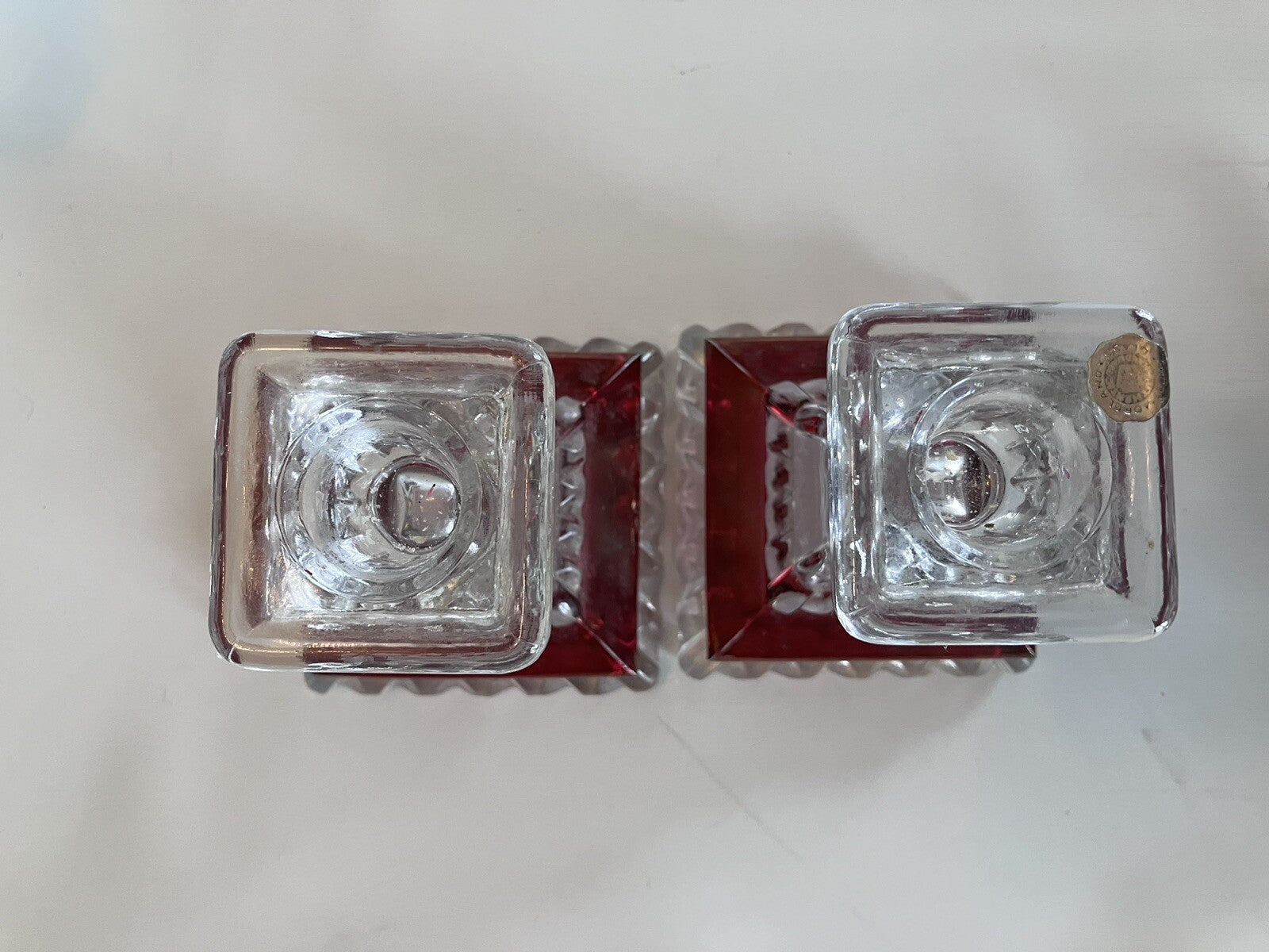 Vintage Westmoreland Wedding Pattern Ruby Flash Crystal candlesticks W/ Sticker
