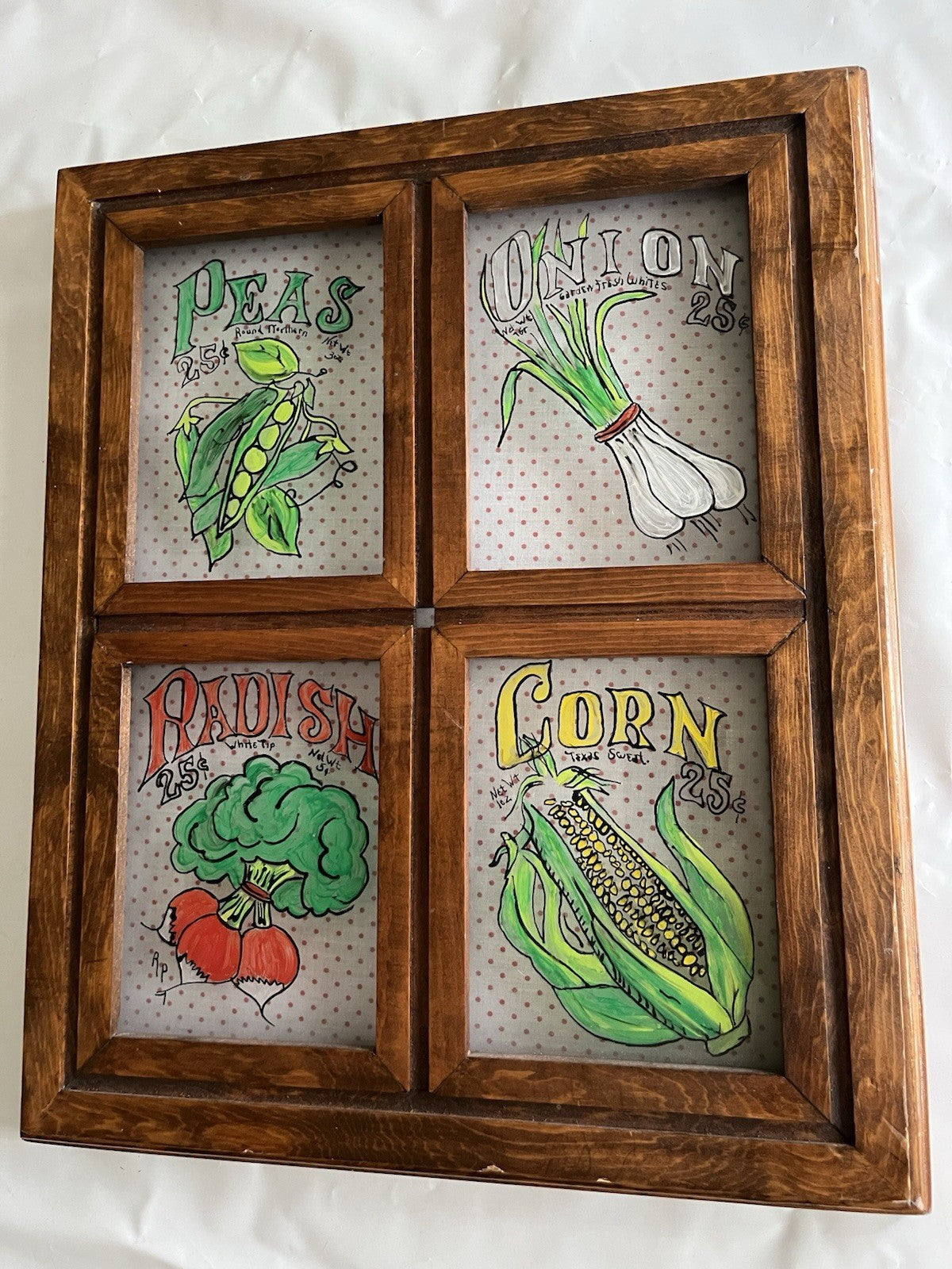 Vintage Vegetable Themed Kitchen Glass Panel Wall Mount Of Painted Vegetables