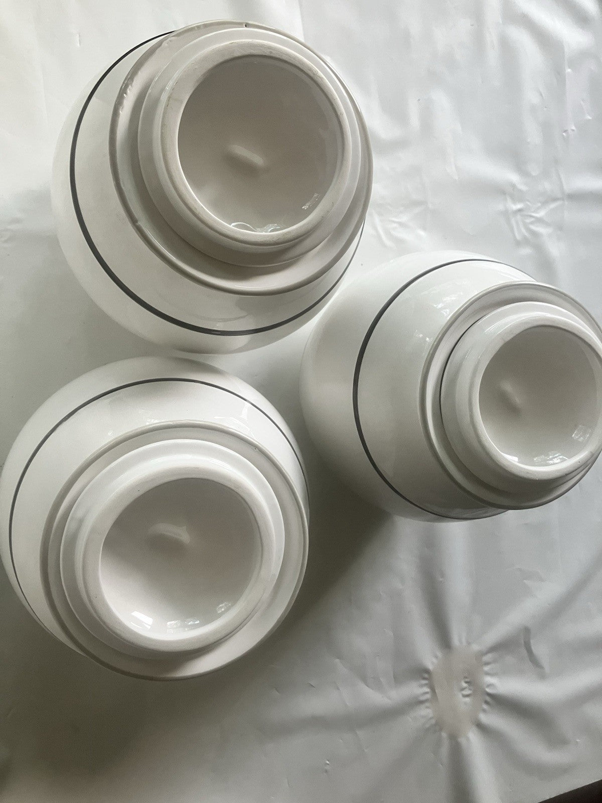 Large Ceramic Canister Set Of 3 Identical Sizes; 1, 2, 3 With Pinstripe On White