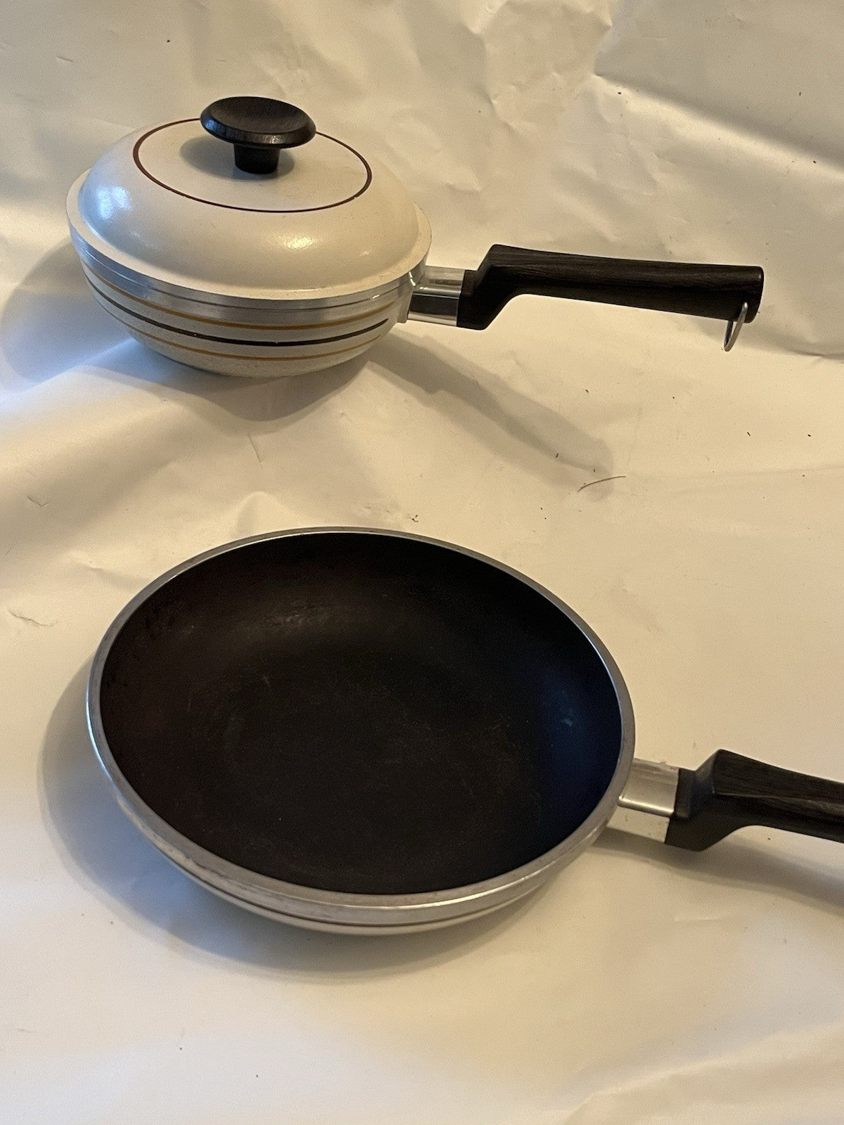 Vintage Regal Ware Cast Aluminum 1 quart w/ lid And 8” Pan cream color & stripes
