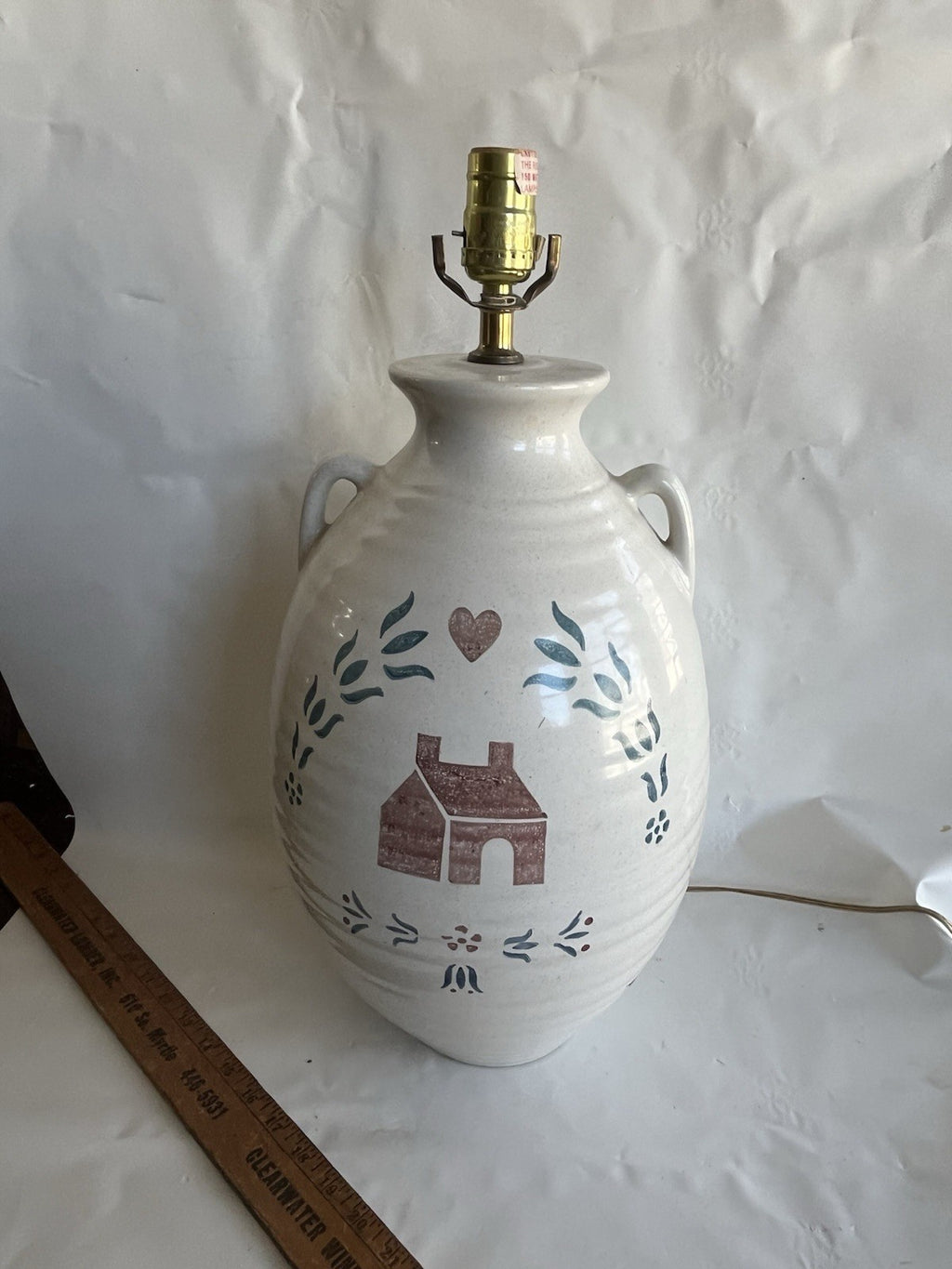 Primitive Large 21” Tall Table Lamp With Log Cabin Stencil Design