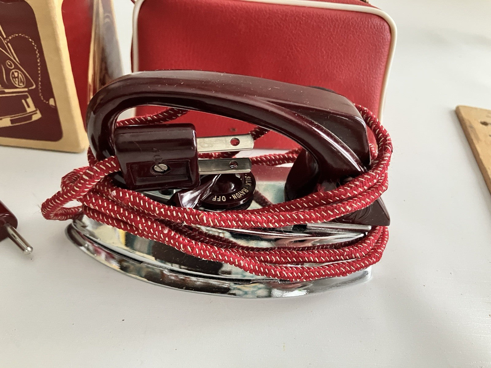 1950s German Zoeller Maroon Travel Iron W/ Original Box, Paper EVC, Never Used